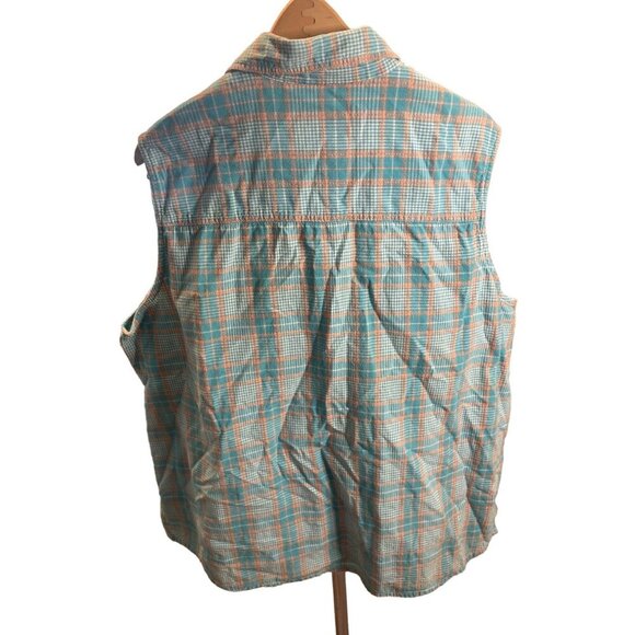 Faded Glory Blue and Orange Plaid Sleeveless Button Up Collared Top - Picture 2 of 6